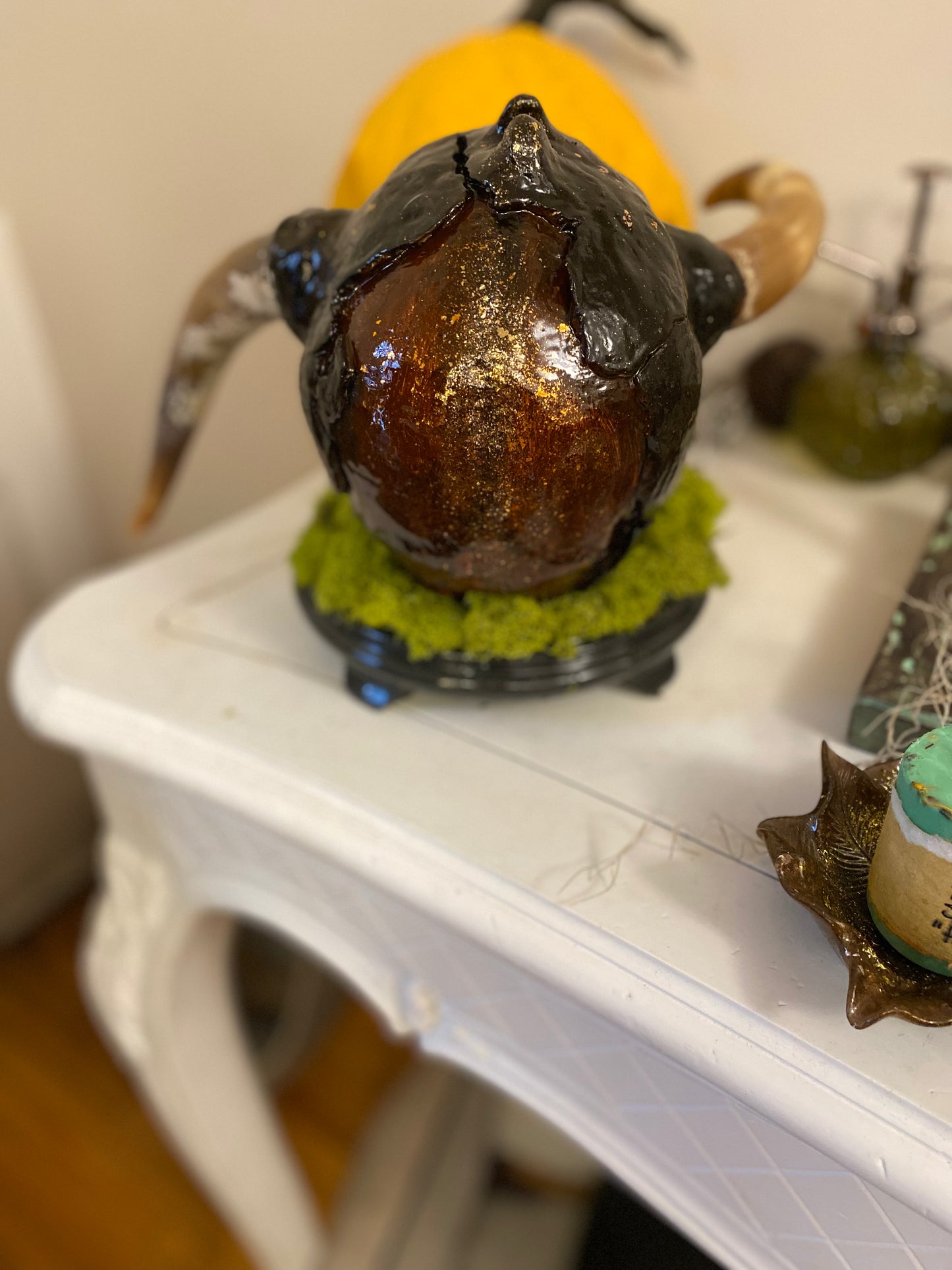 Lich Mixed Medium Demon Head Sculpture on Display Base