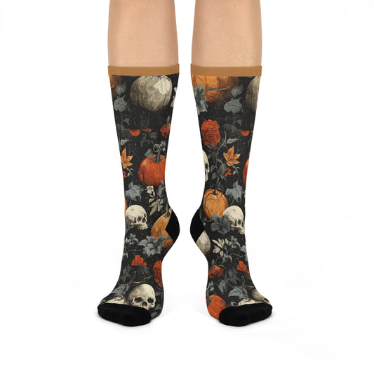 Samhain Skulls Crew Socks | Cozy Footwear, Cute Gift, Fall Fashion, Festive Accessories, Pumpkin Enthusiasts