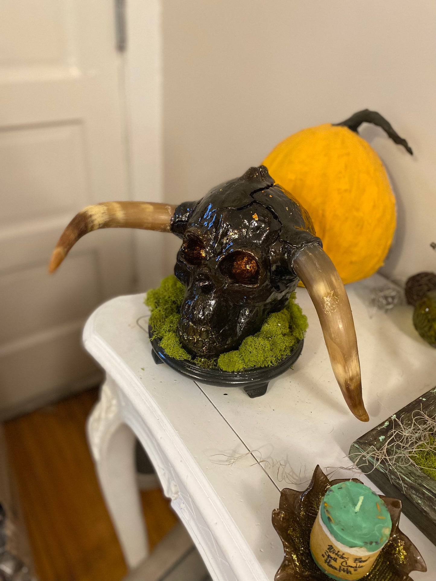 Lich Mixed Medium Demon Head Sculpture on Display Base