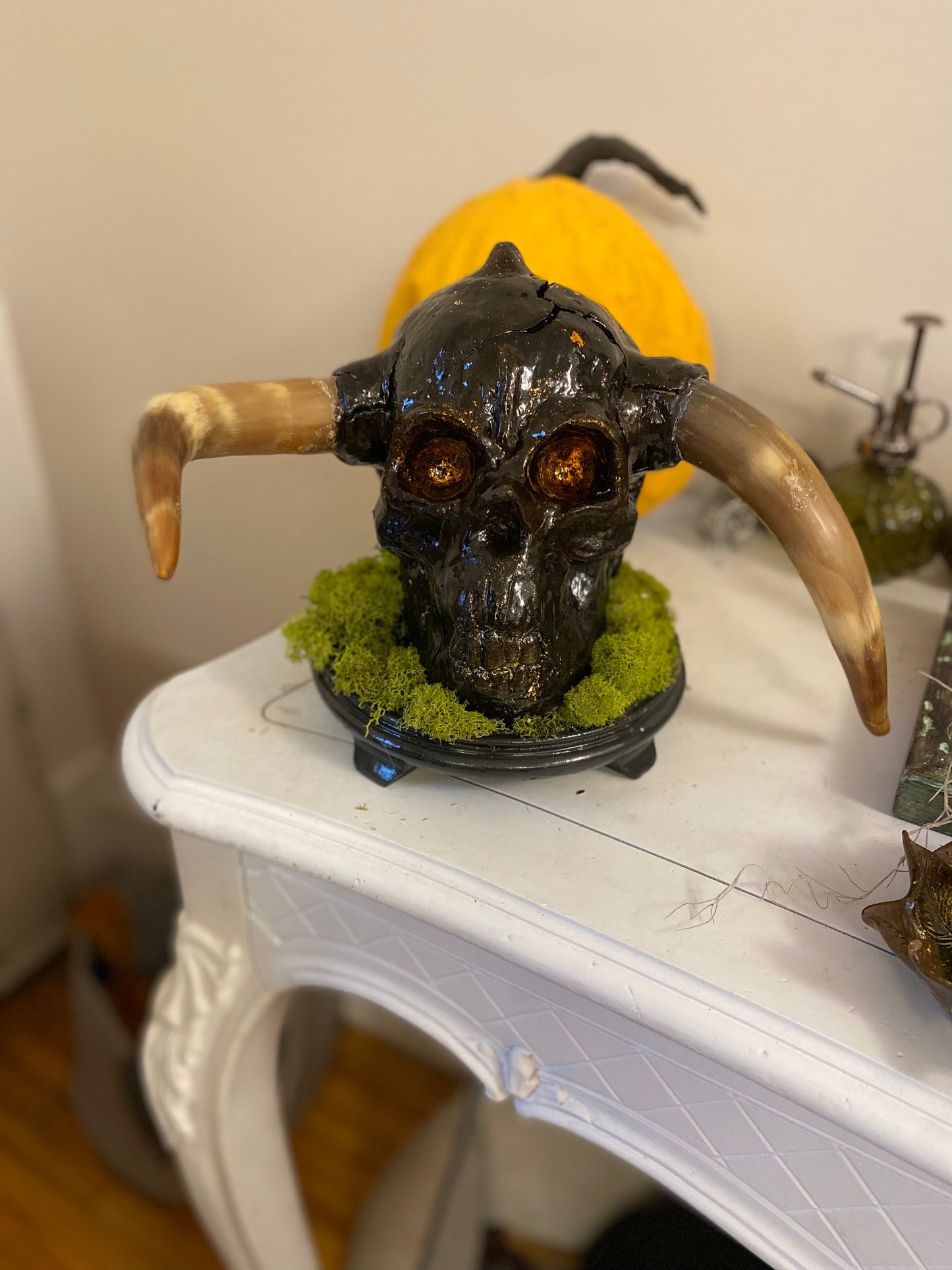 Lich Mixed Medium Demon Head Sculpture on Display Base