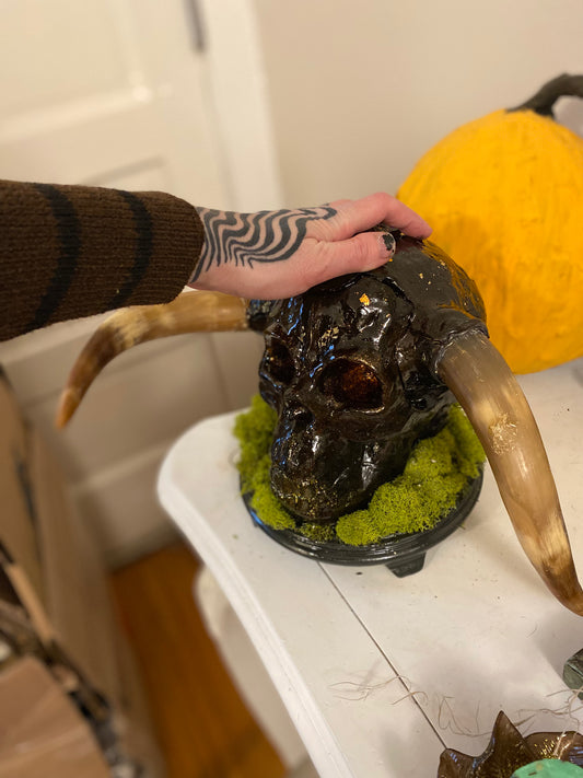 Lich Mixed Medium Demon Head Sculpture on Display Base